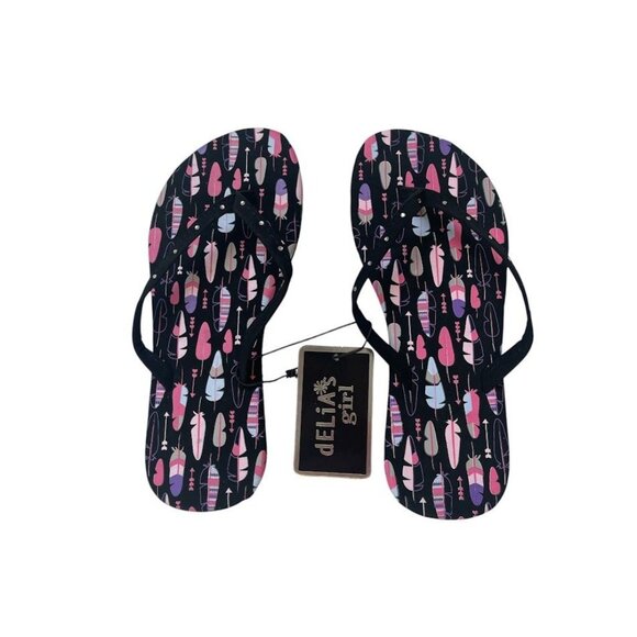 dELiA*'s Girl Rhinestone Flip Flops - Black - Feather Design  11/12 - Picture 1 of 3